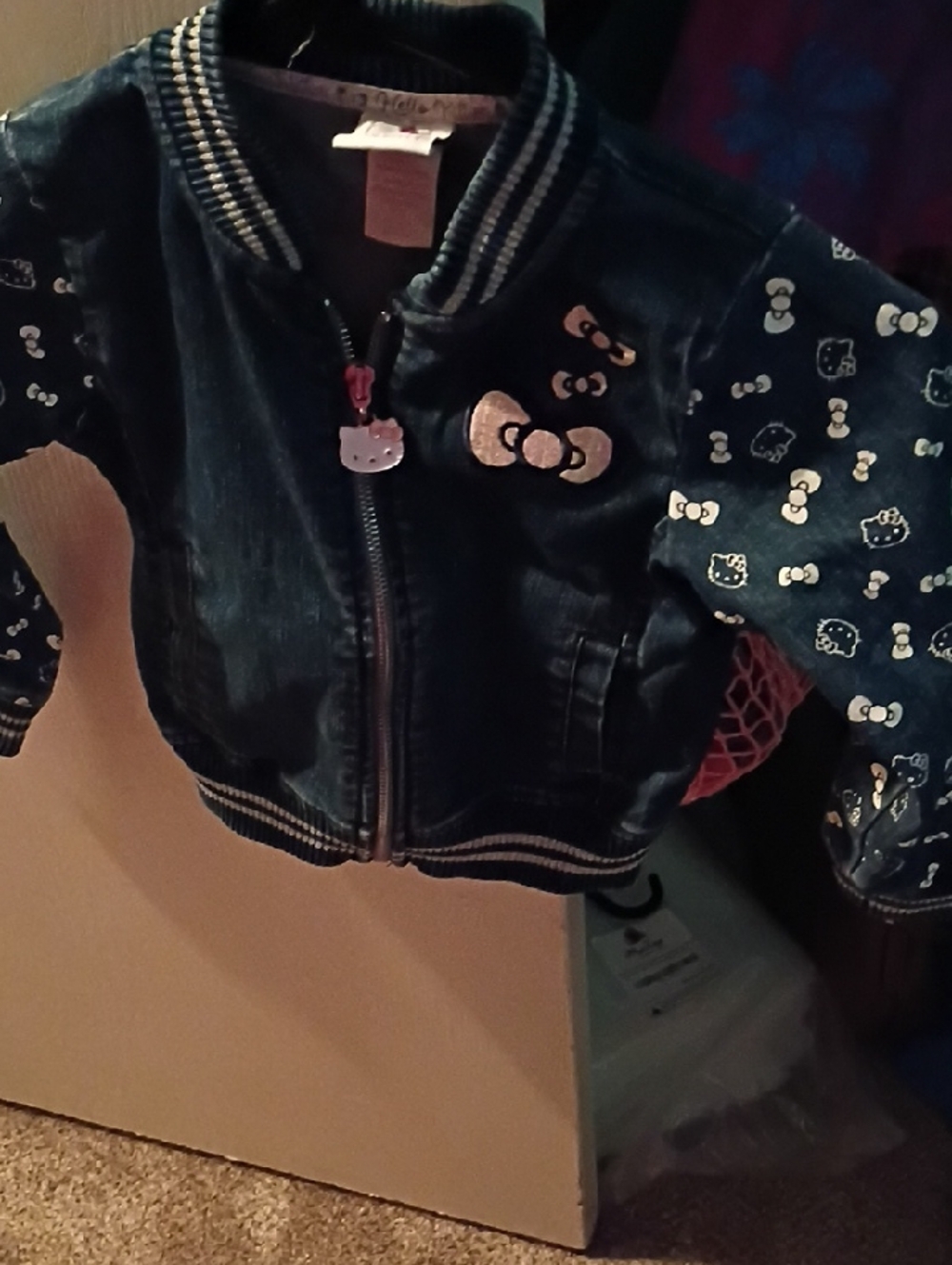 Hello Kitty Navy Blue Kids Jean Bomber Jacket with Metallic Pink Bow